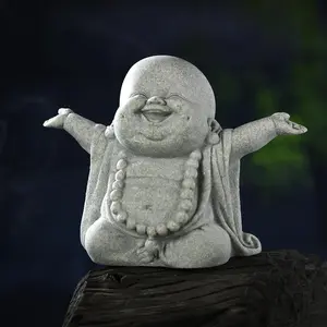 Laughing Buddha Stone Statue - Zen Praying Monk Sandstone Sculpture, Wealth & Good Luck Feng Shui Ornament for Home, Office