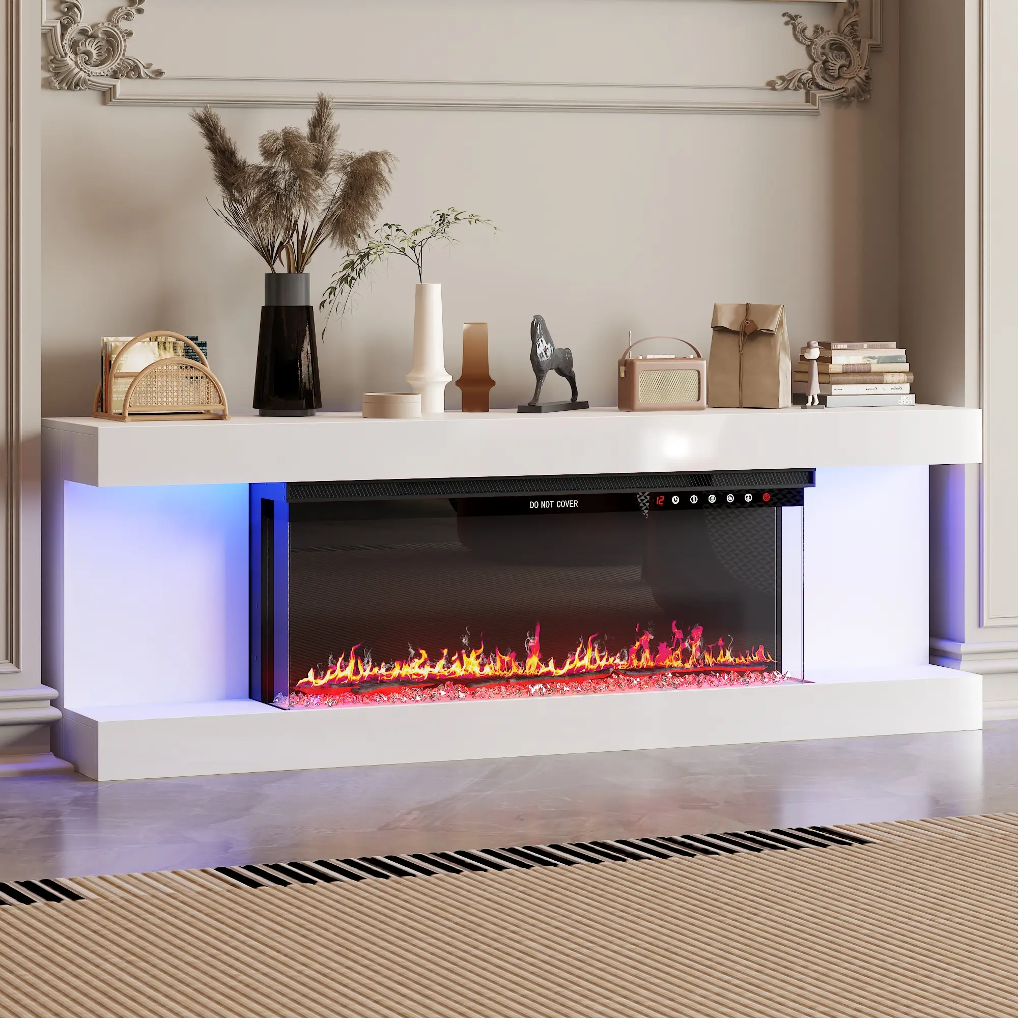 FUFU&GAGA 66.5” Fireplace TV Stand for TV up to 75”, High Gloss TV Stand with 40” Electric Fireplace, LED TV Stand Entertainment Center with Fireplace