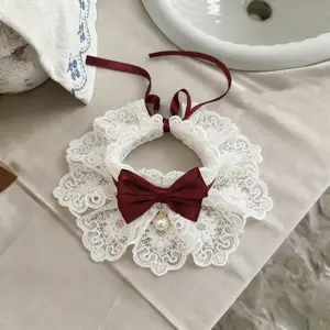 Adjustable Pet Collar with Bowknot and Pearl Pendant, Dual-Layer Lace Ruffle Necklace for Small Dogs and Cats, Elegant Pet Accessory
