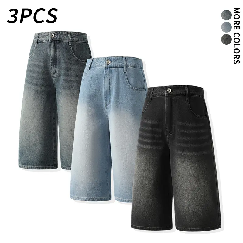 3-piece set: gradient faded vintage wash loose wide-knee denim shorts; unisex straight-leg cropped three-quarter denim shorts. Ideal for skate, street, and hip-hop styles, perfect for various casual occasions including daily walks, summer vacations, campu