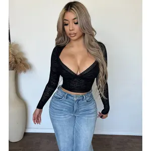 Veronica Lace Deep V Neck Long Sleeve Top (Black)