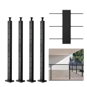【SummerFinds】VEVOR 4-Pack Cable Railing Post, 36" x 1" x 2" Steel Horizontal Hole Deck Railing Post, 10 Pre-Drilled Holes, SUS304 Stainless Steel Cable Rail Post with Horizontal and Curved Bracket, Black