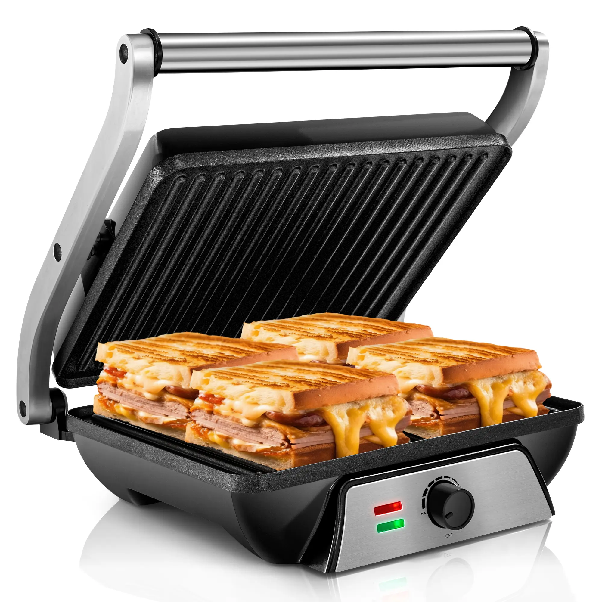 Pukomc 1500W Electric Grill & Panini Press - 180° Adjustable Knob, Non-Stick Large Plates, Grease Tray, Multi-Purpose Floating Hinge for All Purpose Grilling & Grill Griddle Function, 1500W Power, 11.35 X 9.25 Inch