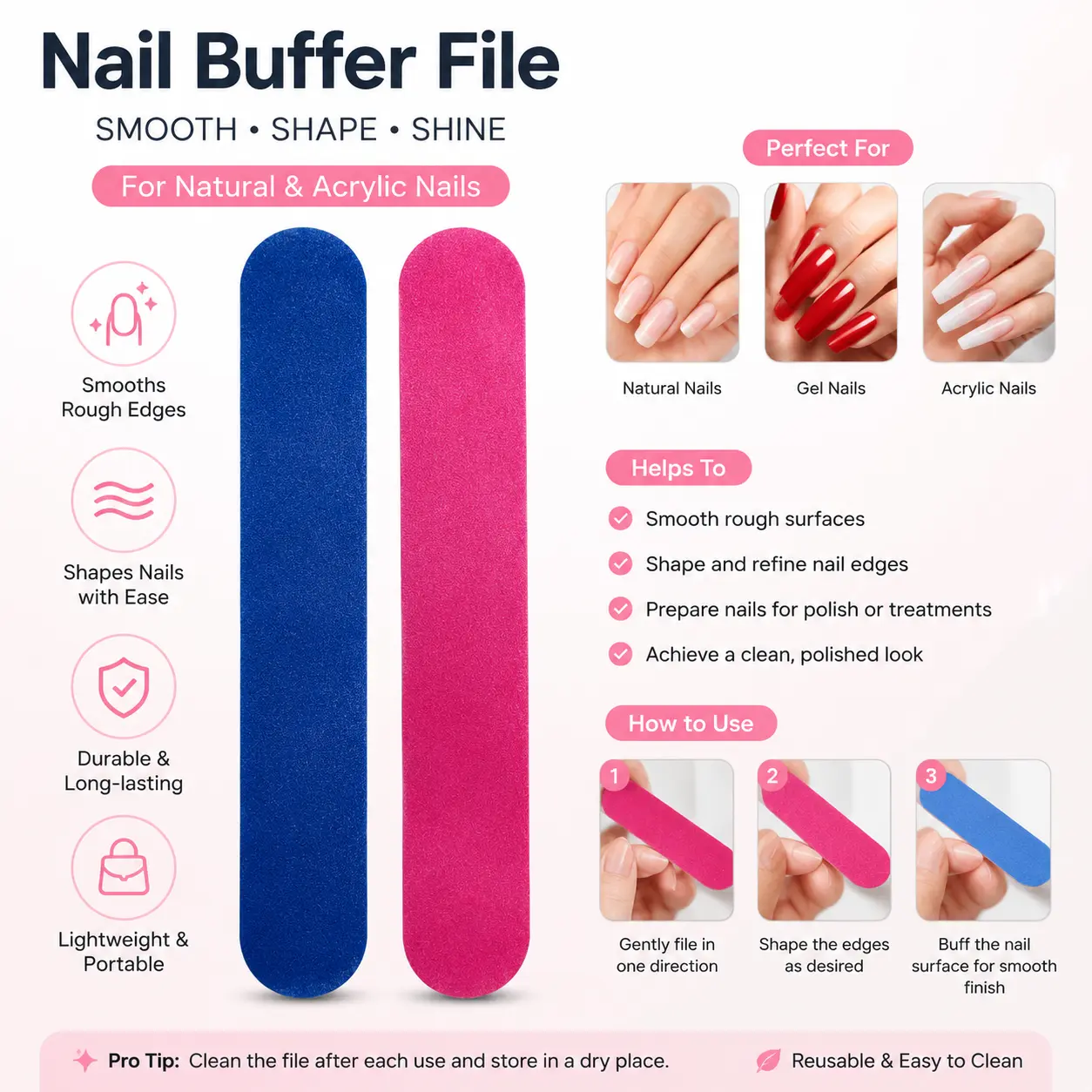 1-Professional Nail Buffer File, Double Sided Nail Shaper Tool, Smooth & Shine Nail Care Tool for Manicure at Home