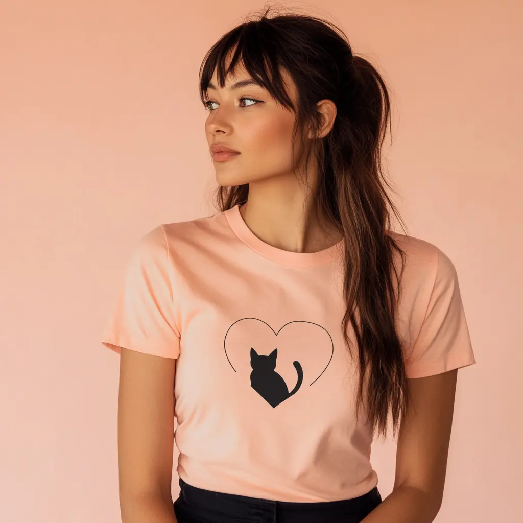Pastel Peach T-Shirt with Heart and Cat Silhouette Design - Women's Casual Fashion Tee Comfort Fabric Cotton Top Womenswear