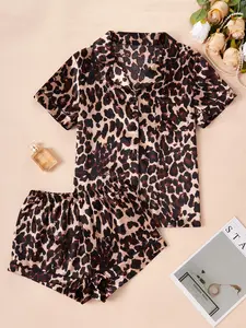 Women's Leopard Satin Short Sleeve Sleepwear Set, Sexy Wild Style, Button-Down Collar, Front Pocket Design, Summer Home Leisure Wear