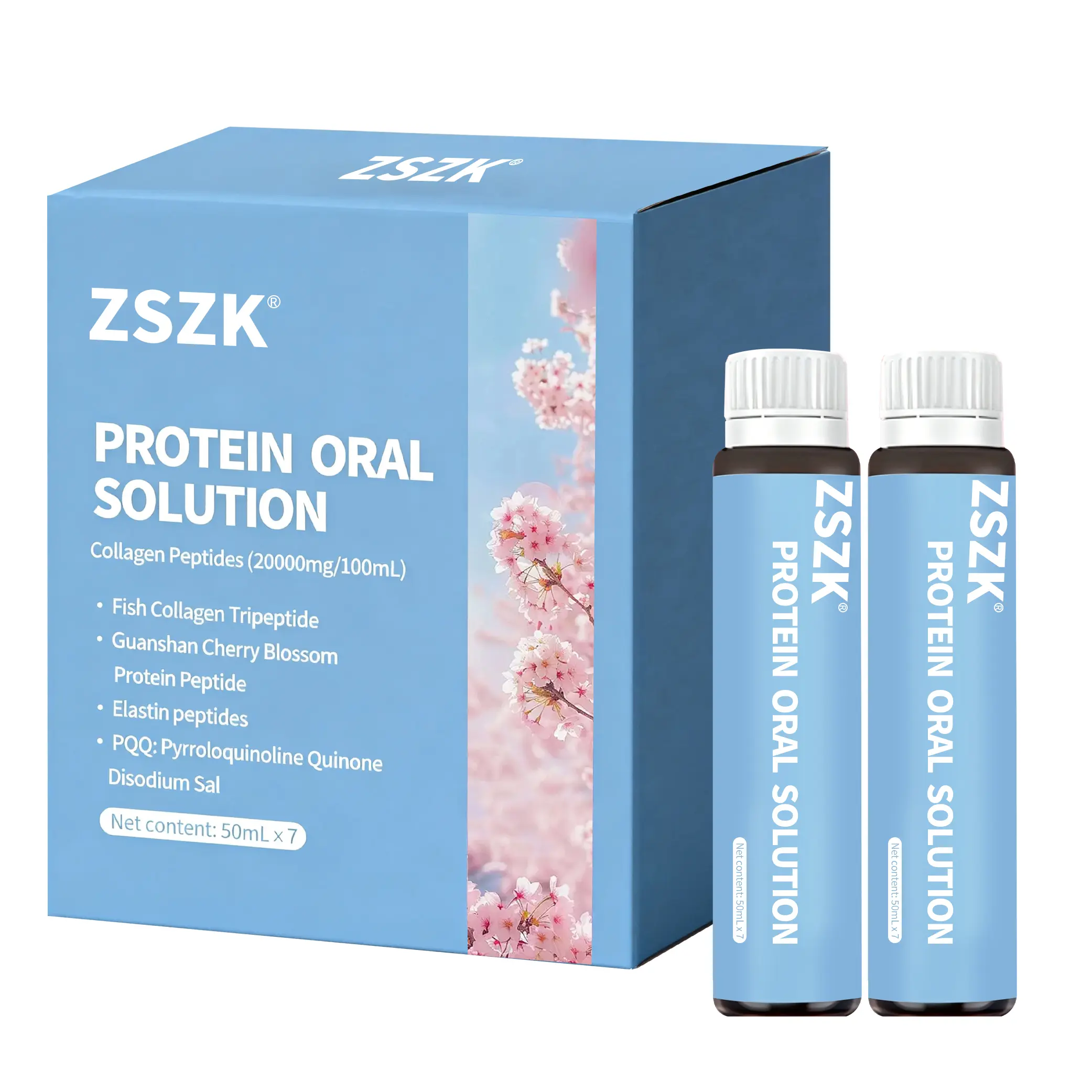 ZSZK Collagen & Kanzan Cherry Blossom Peptide Liquid Dietary Supplement (50 ml × 7 Bottles) – Rich in Protein, Fish Collagen Tripeptides, Elastin Peptides, Vitamin C, Niacinamide, Olive Fruit Powder, Grape Seed Extract for Skin Care & Anti-Aging Support,,