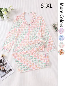 2 pieces of women's butterfly print multi colored long sleeved pants pajama set with lapel top, pocket elastic waistband suitable for all seasons, fashionable and comfortable, internet celebrity style, energetic and elegant home wear