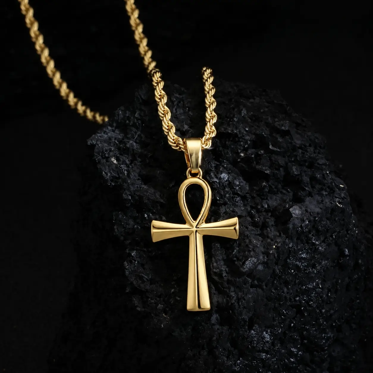 Gold Plated Stainless Steel Egyptian Ankh Cross Necklace for Men, Coptic Ankh Symbol Pendant Necklace with Rope Twist Chain, Ancient Egyptian Jewelry Gift, Cross Design Necklace, 24In Chain, Easy Layering