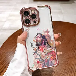 Floral God Jesus Pattern Phone Case , Electroplated Cover with Airbag Shockproof Slim Soft TPU Cover for iPhone 11 12 13 14 15 16 Pro Max Plus Luxury