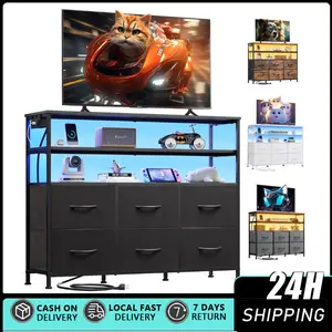 Black TV Stand for 40, 45 inch TV, Entertainment Center with LED Lights & Charging Station, TV Media Console Table with 6 Fabric Drawers and Open Shelves for Living Room, Hallway, Wood Top Entertainment Center with RGB LED Lights & Charging Station