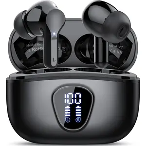 SQ-HPS023 Wireless Earbuds, Bluetooth 5.4 Headphones HiFi Stereo, Bluetooth Earbuds with ENC Noise Cancelling Mic, IP7 Waterproof in Ear Earphones, 48H, LED Display Ear Buds for Pad Workout Sports, Black