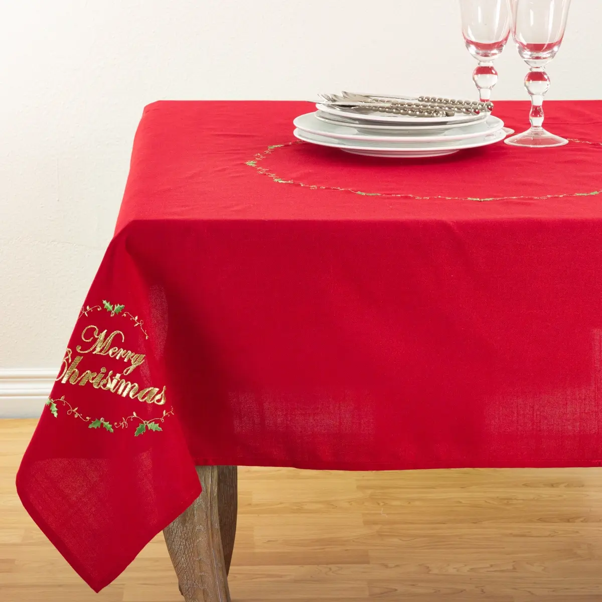 SARO 0141-R54S Red Christmas Embroidered Design Holiday Tablecloth, Table Topper for Home Decor