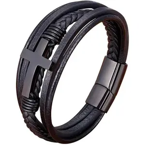 Men's Multi-Wrap Cross Bracelet –A symbol of strength and faith,Perfect Christmas Gift,Leather, Braided,Durable and Versatile,for Dad and Boyfriend