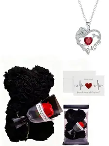 Handmade Eternal Flower Rose Bear Hug Mom Necklace Gift Set, Mother's Day Present, Birthday Gift for Mom, Express Love