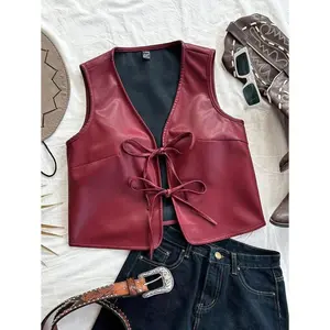 Women’s Tie-Front Soft Leather Vest Cardigan, Brown, Fashionable Autumn/Winter Outerwear