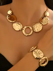 Elegant Geometric Metal Round Pendant Necklace & Bracelet Set, 2-Piece Luxury Fall Winter Jewelry, Perfect for Daily Wear & Parties