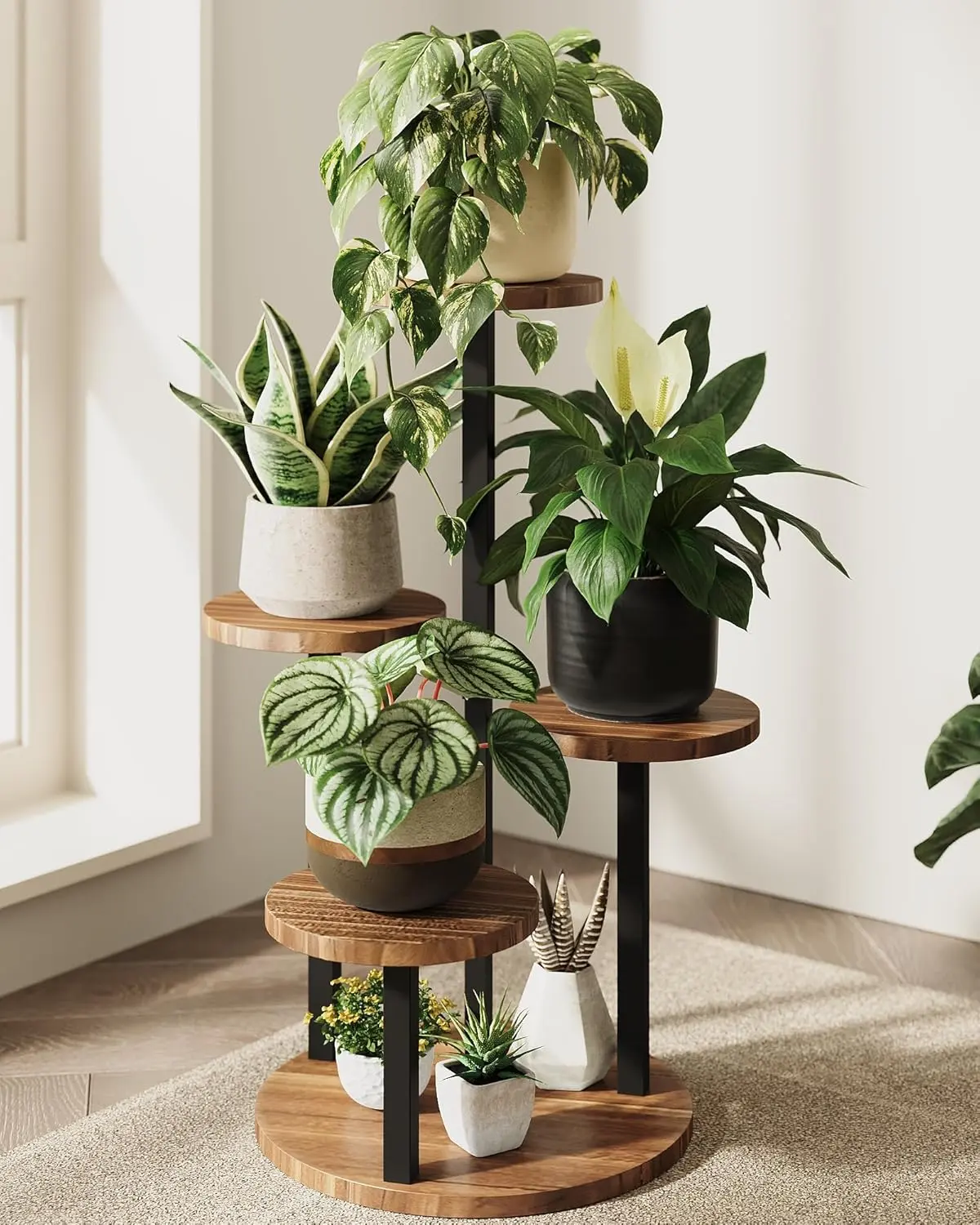 Bamworld Plant Stand Indoor Wood Plant Stand 4 Tier Brown | plant holders for Multiple Plants Tall Corner Plant Stands for Outdoor Living Room Patio Garden Balcony