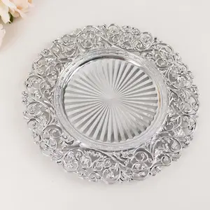 6-Pack Acrylic Round Charger Plates 13" in SIlver with Vintage Floral Carved Rim, Event Tabletop Decorative Charger Tableware