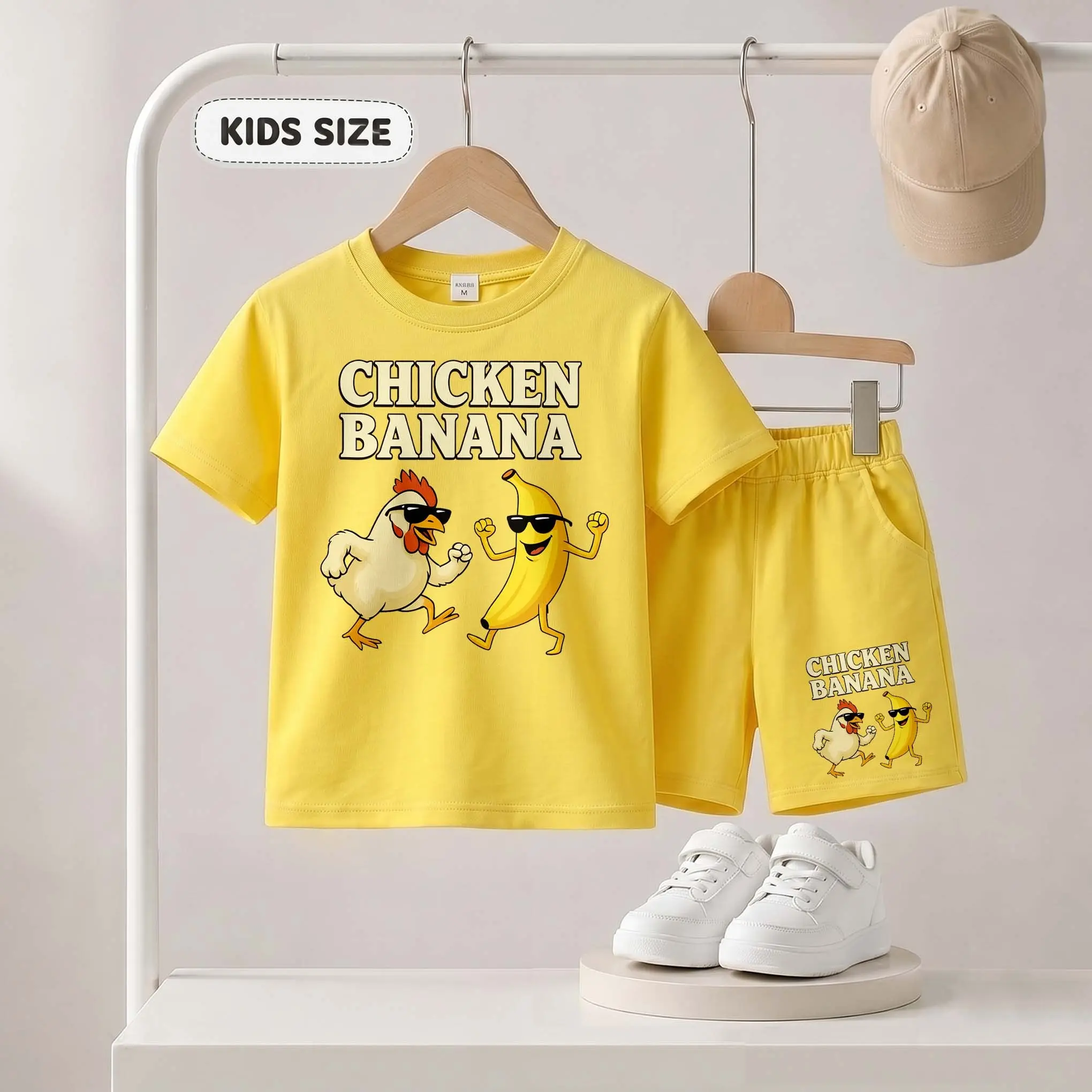 Children's Chicken and Banana Print Short-Sleeve T-Shirt And Shorts Set—Casual Summer Kids' Clothing. This Round-Neck Outfit Combination Is Perfect For Everyday Wear And Outdoor Play.
