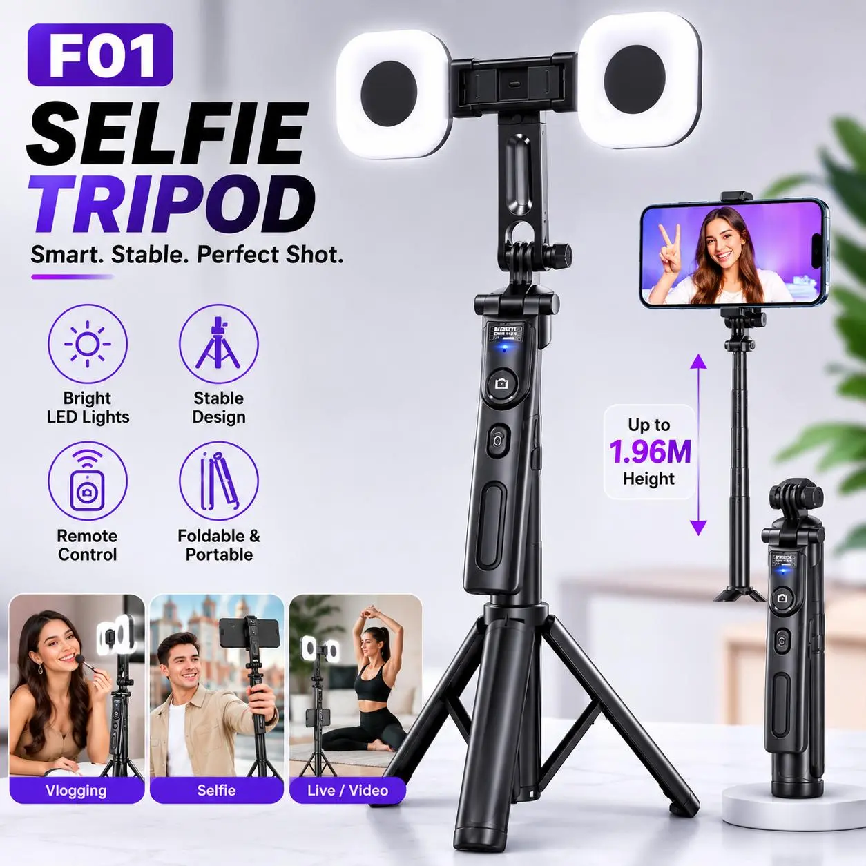 Hot AI Face Tracking Selfie Stick Tripod 1.92M Long Stabilizer with Fill Light 360 Rotation Anti-shake Gimbal for Live Streaming