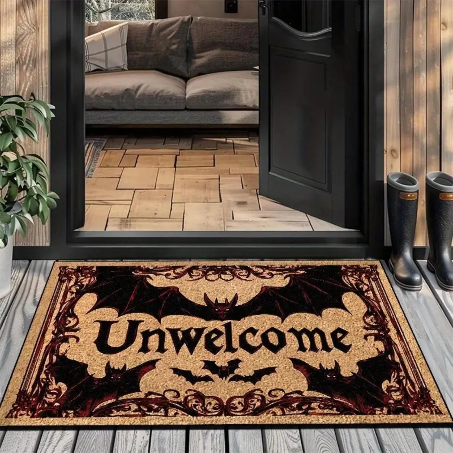 Halloween Bat Print Flannel Floor Mat Entryway Mat Non Slip Washable Rug Holiday Decor for Living Room Bedroom Kitchen Outdoor Garden