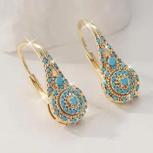 Bohemian Turquoise Evil Eye Hoop Earrings | Gold-Tone Vintage Crystal Drop Earrings, Colorful Boho Jewelry for Daily & Party Wear