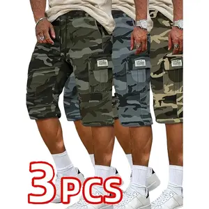 Camouflage Twill Pocket Shorts Three-Piece Set Men's Casual Khaki Green Black Trousers Suitable For Daily Wear