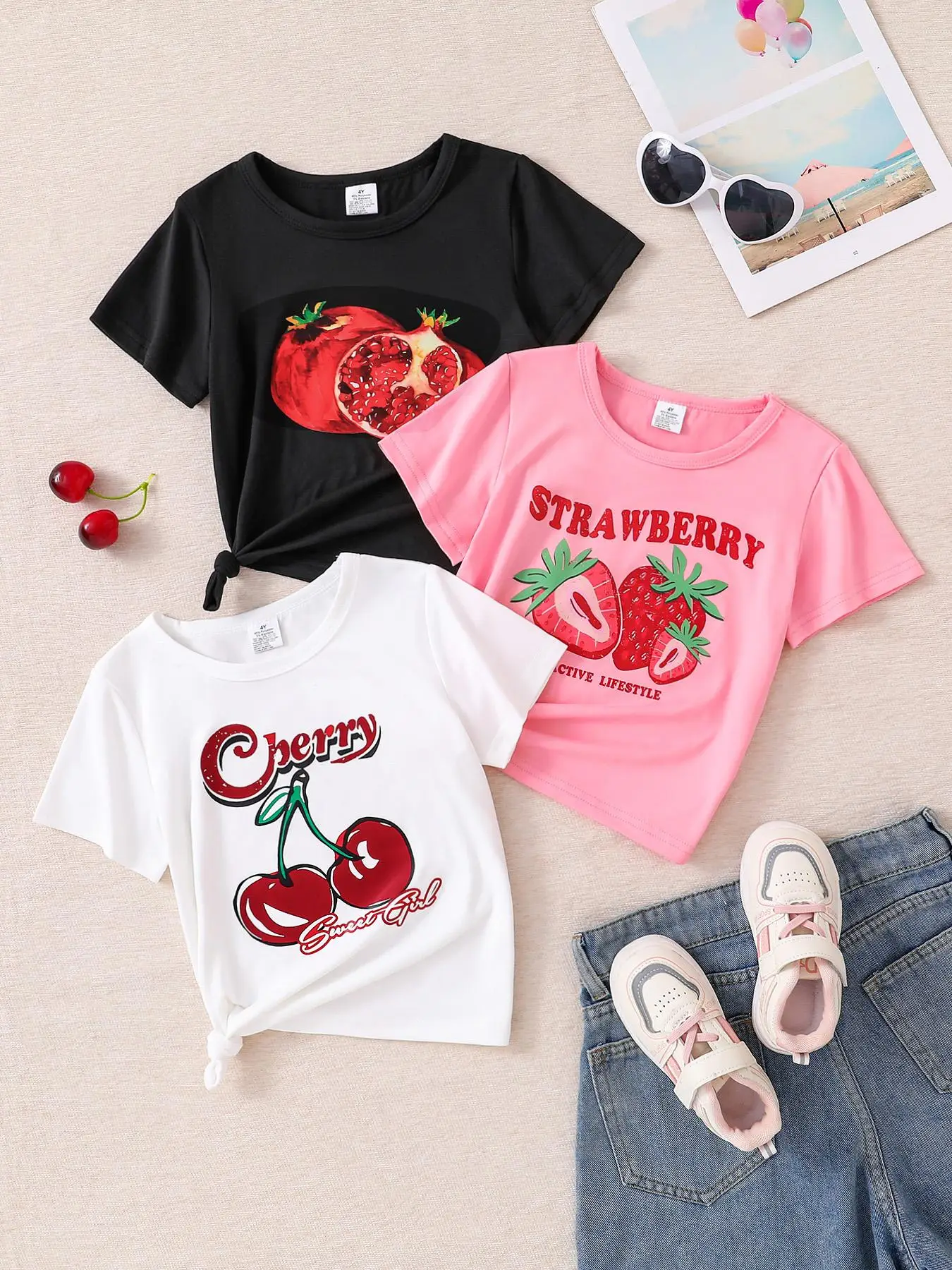 Toddler Girl's Fruit & Letter Print Round Neck Tee, Casual Short Sleeve Crew Neck T-shirt for Summer, Kids Clothes for Daily Wear