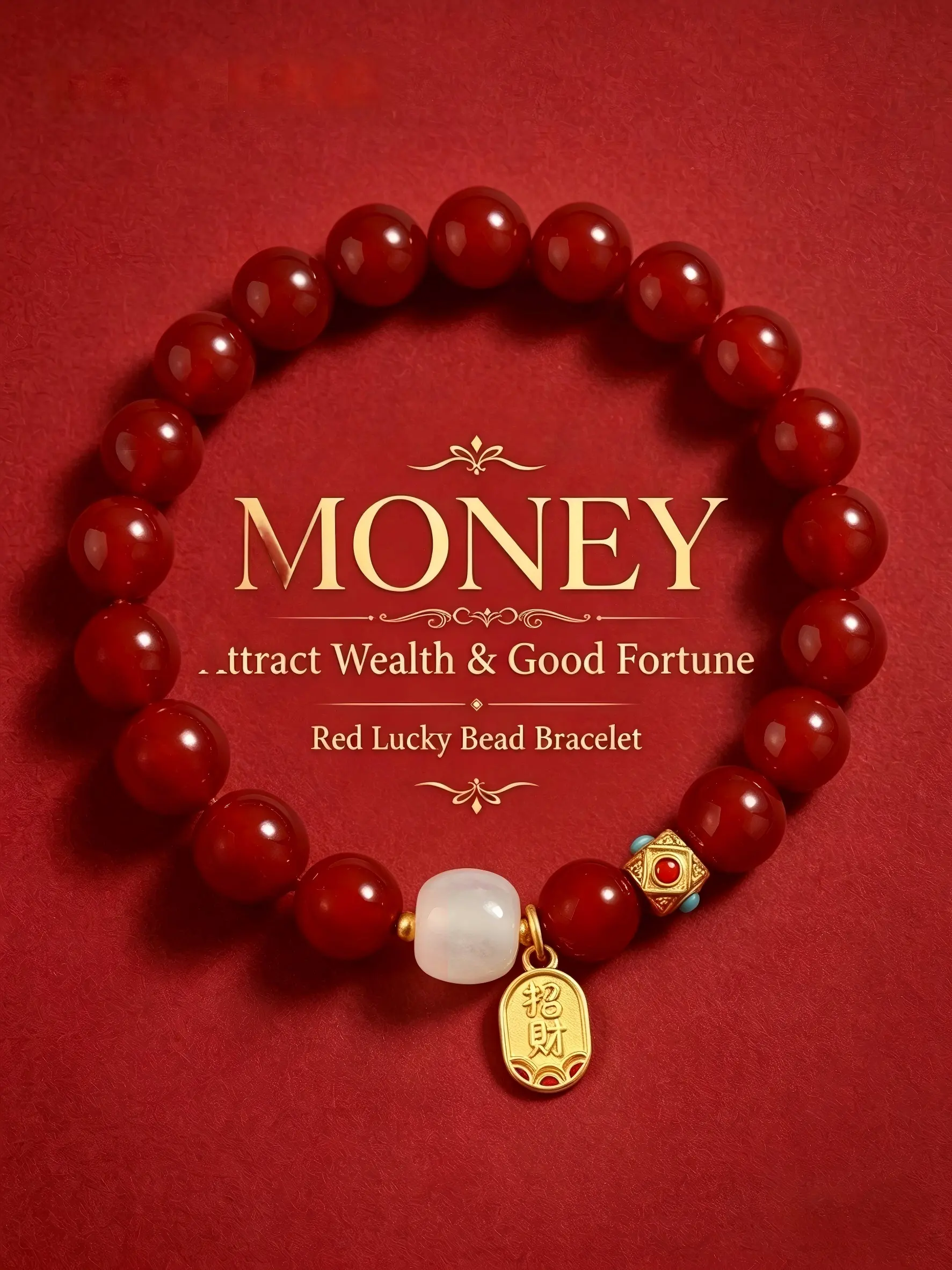 Red Agate Wealth Pendant Bracelet – Lucky Bracelet – Attracts wealth, prosperity, and abundance; elegant red bead bracelet; perfect gift for friends and family; 10 mm bead diameter