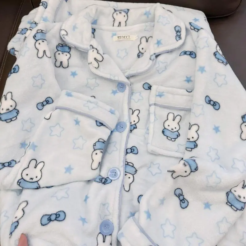 Cartoon Cute Miffy Coral Fleece Open-Front Cardigan Pajama Set for Women Thickened Fluffy Homewear Warmth & Cozy Outdoor/Indoor