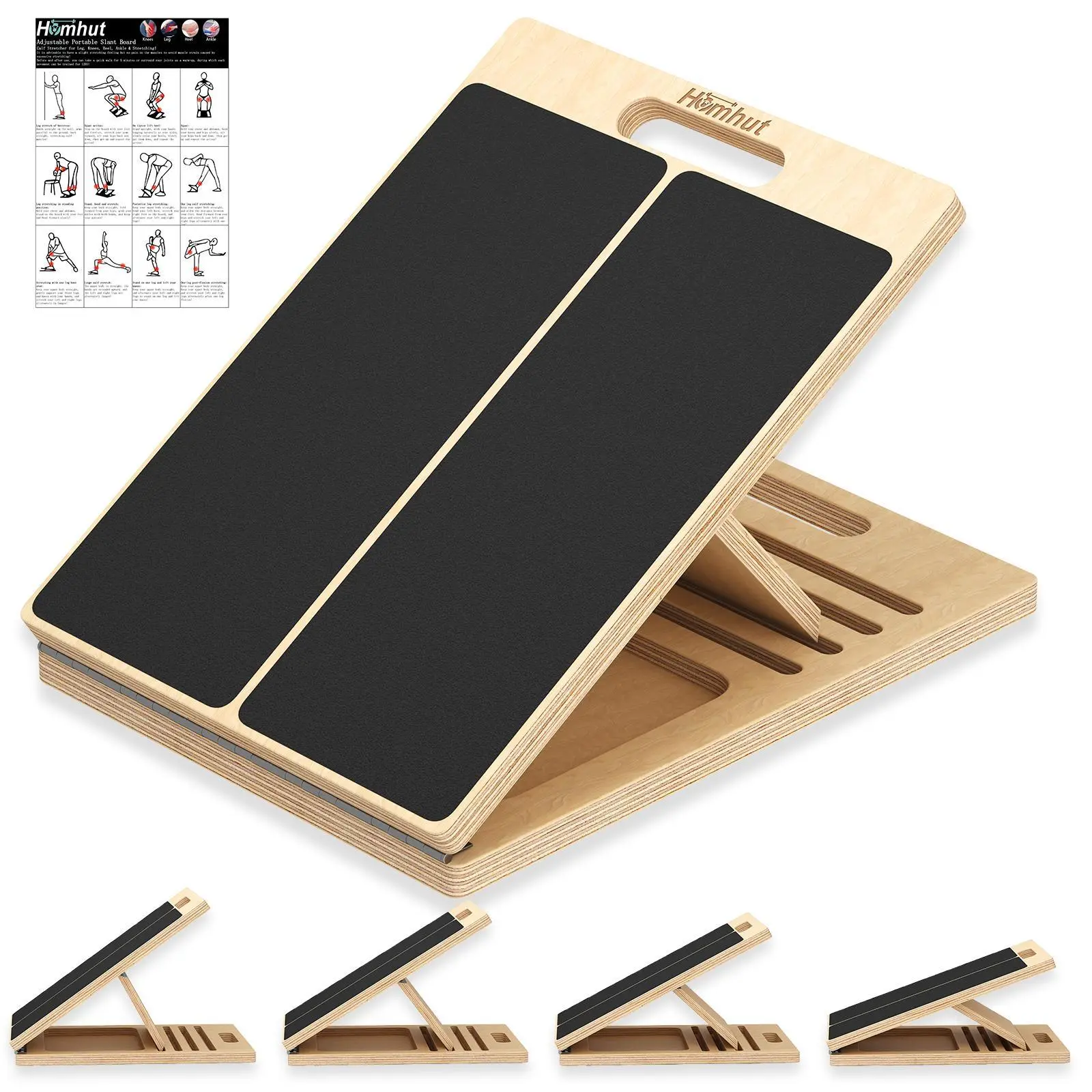 Portable Wooden Slant Board for Calf Stretching Squats Calf Stretcher Pilates Physical Therapy Equipment Adjustable Incline Board for Knees Ankle Heel Feet Leg