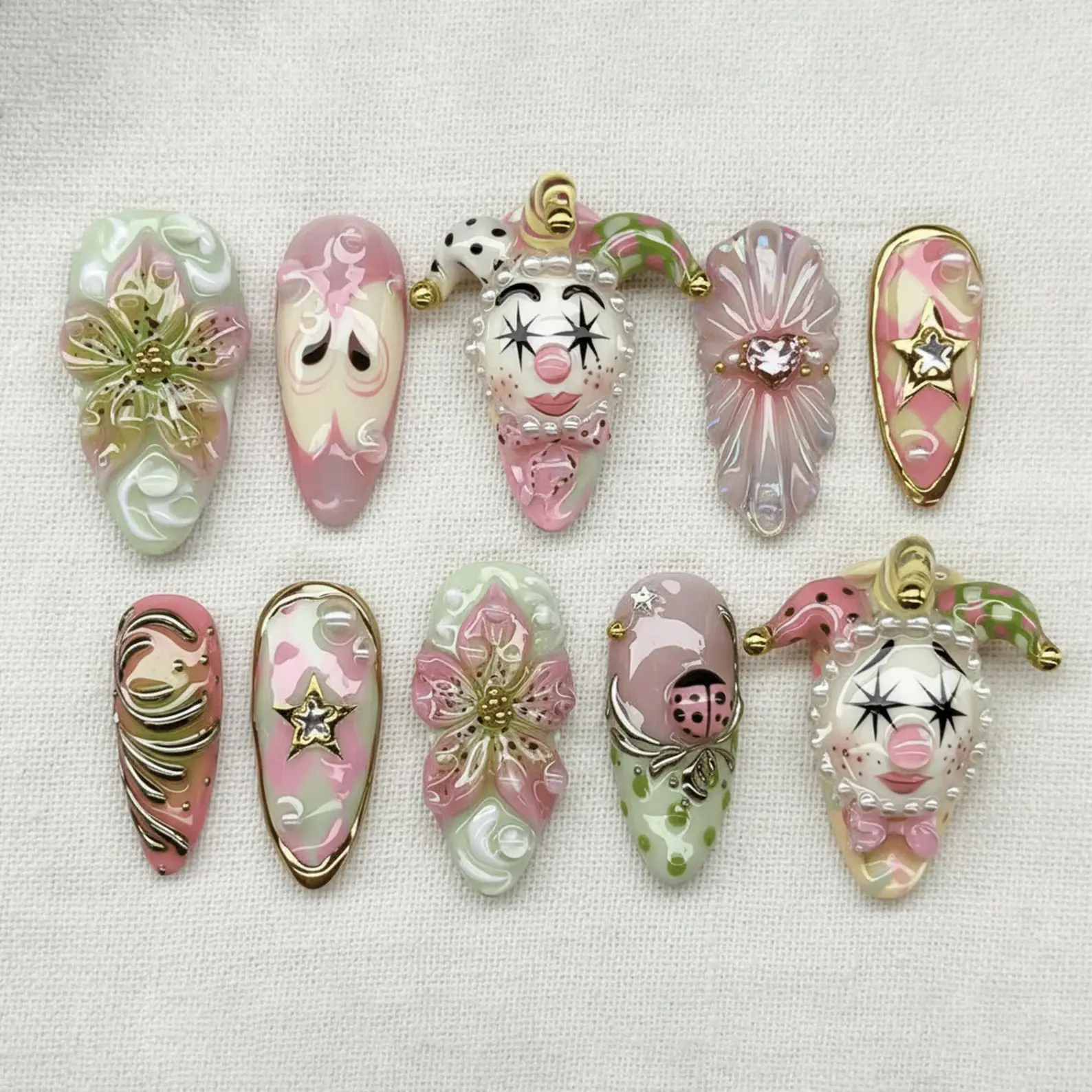3D Clown Press On Nails, Pastel Jester Nails, Handmade Circus Nail Set, Kawaii Harajuku Nails, Pink Green Funky Nails