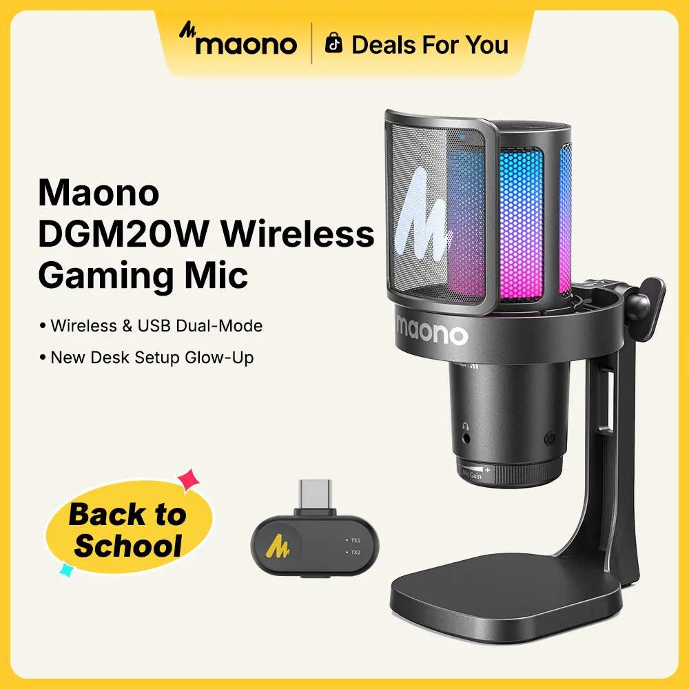 【Back To School】MAONO DGM20W Wireless-Wired USB Gaming Microphone with Cable, Adapter, Receiver, Noise Cancellation, Quick Mute, Adjustable Gain Control, RGB Lighting for PC, PS5, Recording & Content Creation