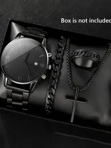 4-piece set of fashionable casual business wristwatches + versatile cross steel bracelet necklace and bracelet set with large dial luxury style