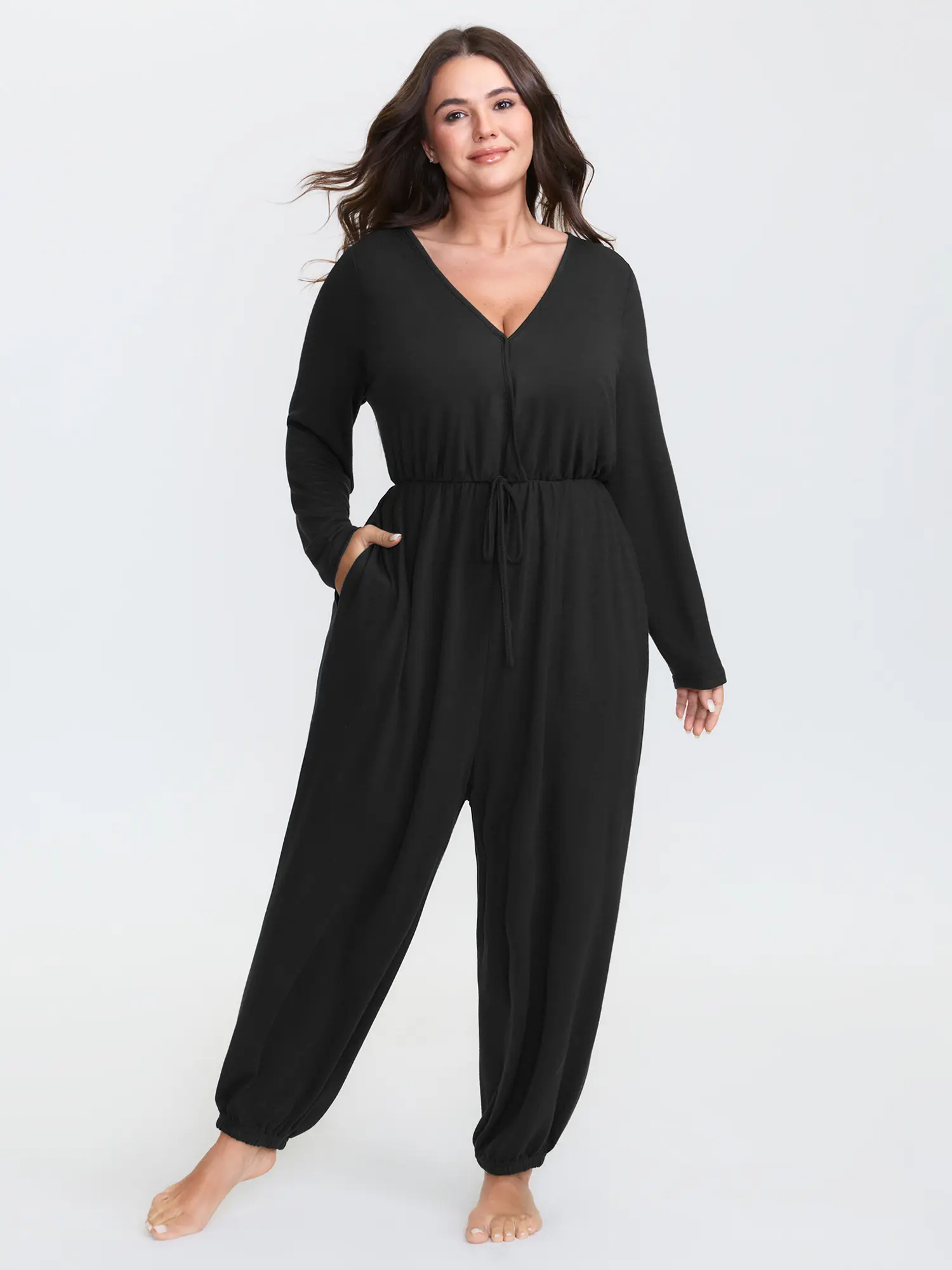 BloomChic Women's Plus Size Wide Leg Jumpsuit – Boho Floral Tie Front Romper, V-Neck, Flowy Fit with Pockets, Casual Travel & Summer Outfit, Comfortable Summer Casual Outfit,Summerfinds, Long Sleeve, Garment