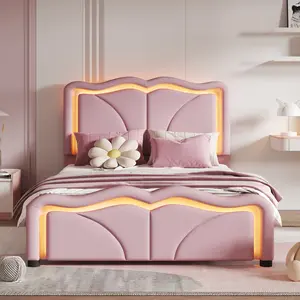 Twin/Full Size Upholstered Platform Bed with Curve Shaped Headboard, Height-Adjustable, LED Light Strips, Pink