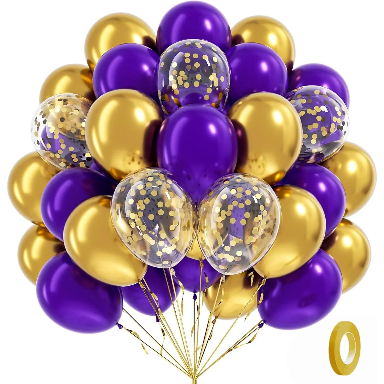 60pcs 12-Inch Purple Metallic Chrome, Gold & Confetti Decorative Ribbon Balloons Garland Kit - Secure for People to Use, Balloon Pump Recommended, for Wedding, Graduation (Home & Festive Supplies), Balloons For Balloon Arch, Metallic Latex Balloons