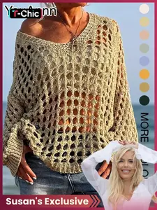 Summer New Knit Hoodie Long Sleeve Sun Protection Loose Fit Cool Comfortable Transparent V-Neck Unique Design Breathable Thin Casual Slim Lazy Style Outerwear susan's exclusive