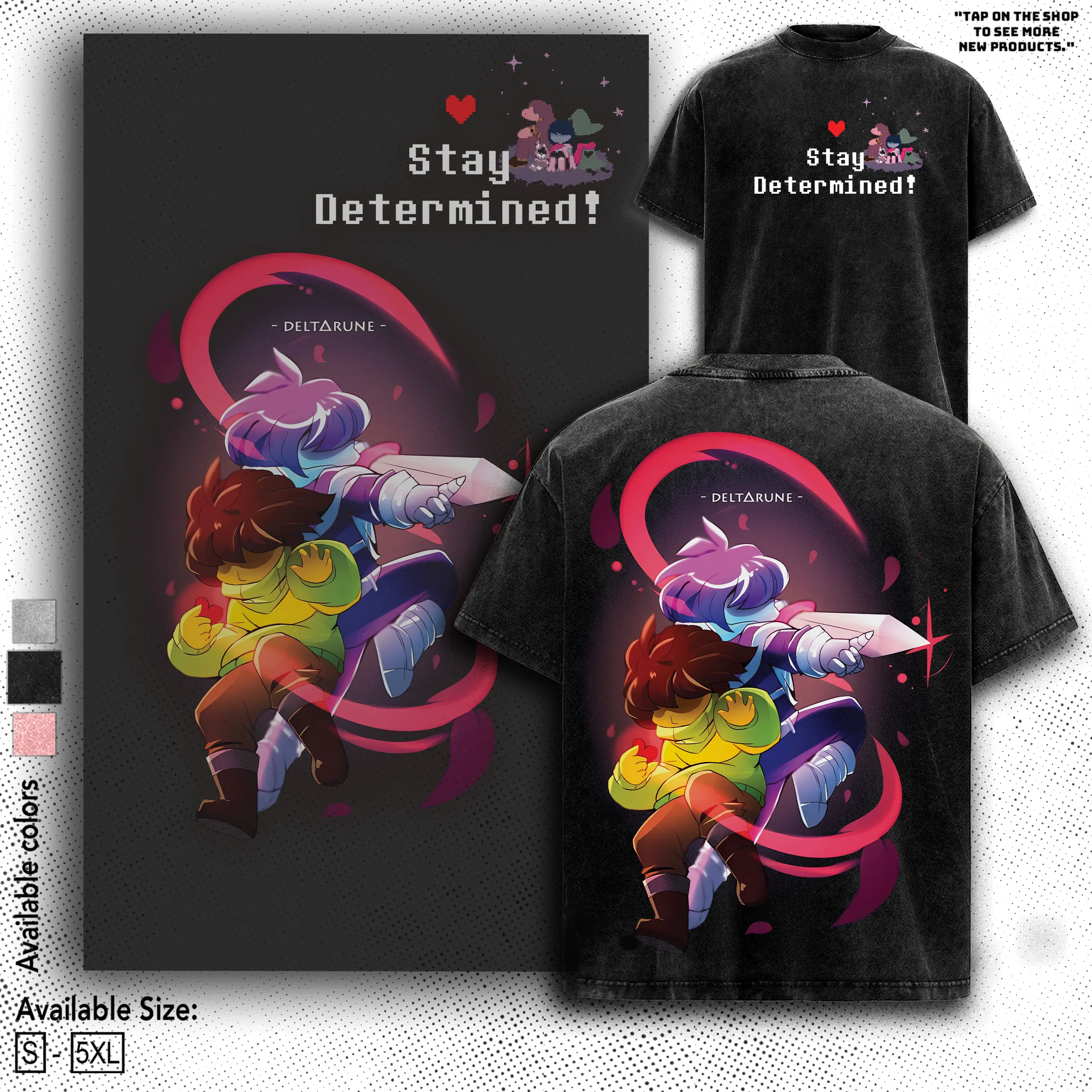 Deltarune & Undertale Crossover Hoodie & T-Shirt Stay Determined Graphic, Vintage Acid Wash Apparel, Kris & Frisk Pullover, Indie RPG Merch