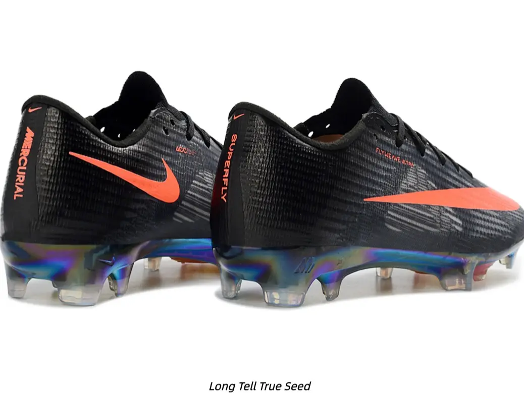 Men's & Youth Black Soccer Cleats with Orange Accents, Breathable Knit Upper FG Boots, Low-Cut Athletic Football Shoes for Training & Match Play, Non-Slip Rubber Outsole