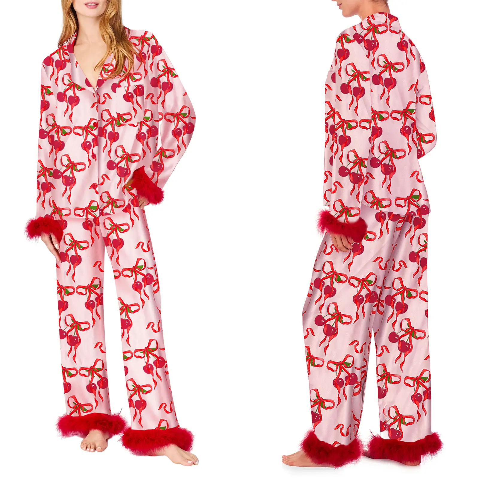 Women Feather Pajamas Silk Satin Lounge Sets Long Sleeve Button Down Shirts and Pants 2 Piece Pj Set