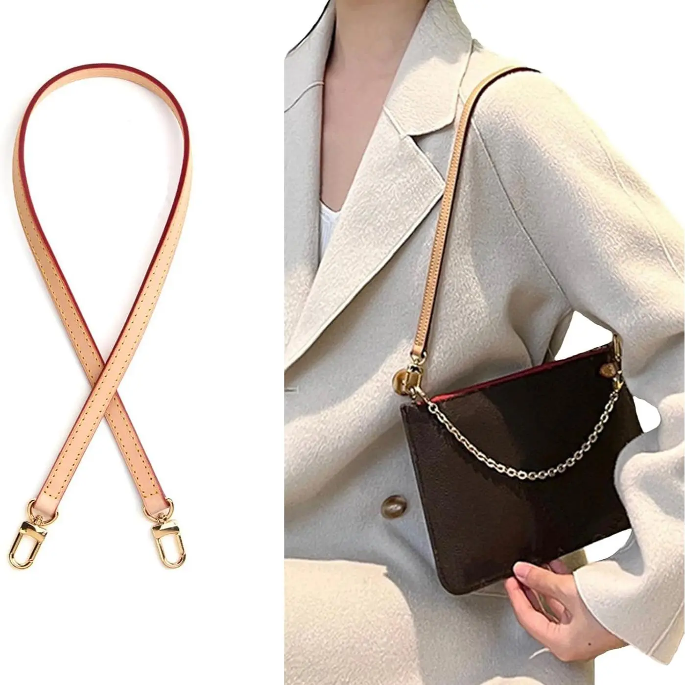 Jiesinlov Vachetta Leather Replacement Strap with Clasp & Patina Aging, Top-Grade Cowhide for LV SPEEDY 30/35/40 & Keepall Travel Duffel Bags, 23.6in Handmade Fine Stitching Purse Shoulder Straps, Aftermarket Bag Accessories