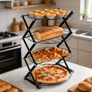 4-Tier Round Baking Cooling Rack Foldable Stackable Wire Non-Stick Metal Stand for Bread Cake Cookie Pizza Pastry Kitchen Oven Supplies High-Capacity Design