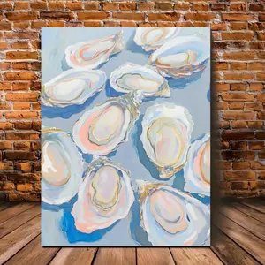 1 Piece Abstract Fan Shell Canvas Art with Wooden Frame-Beach Style Dining Room and Kitchen Wall Decoration, Pale Blue Shell Painting Canvas, Wrapped Canvas