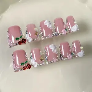 10pcs high-end Sweet princess style, hand-painted three-dimensional carvings, cherries, sparkling pile diamonds handmade nail art fake Glittering Fake Nails