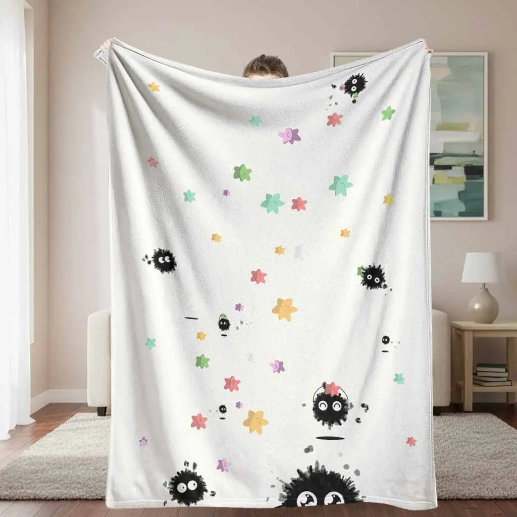 Anime-Inspired Whimsical Soot Sprite Flannel Fabric Blanket - Dust Bunnies, Colorful Star Pattern, Ultra-Soft Lightweight Plush, Wrinkle Resistant, Durable, Breathable, Ideal for Home/Couch, Thoughtful Gift for Anime Fans, Anime-Inspired Design Blankets