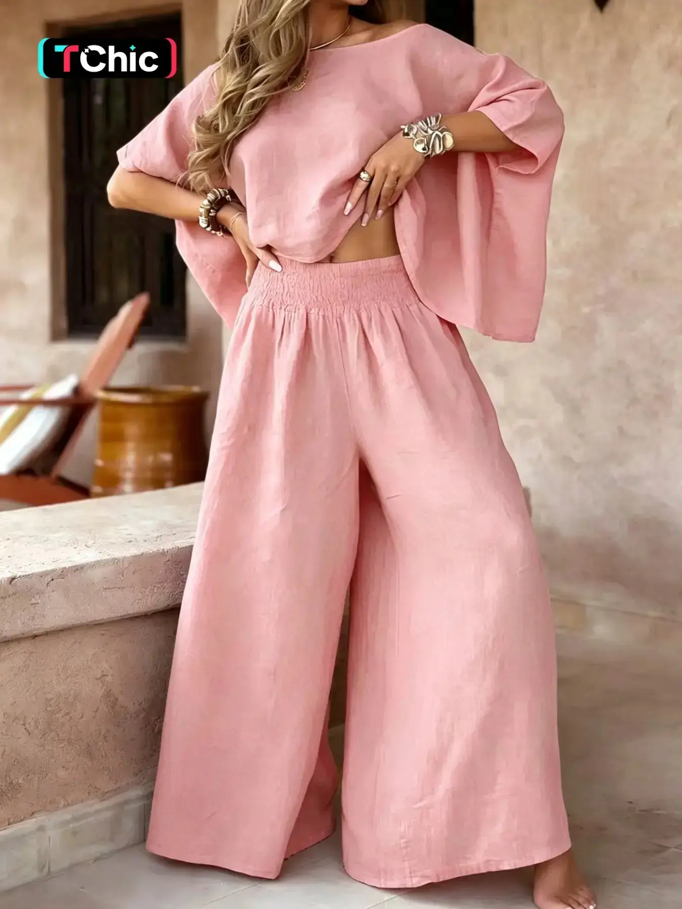 Women's Ultra-Loose Oversize Two-Piece Set, Casual Vacation Laid-Back-Style Top and Wide-Leg Pants, Comfortable and Stylish Relaxing Days