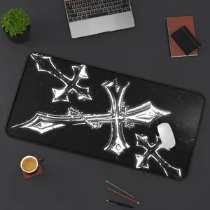 Y2K Gothic Cross Mousepad XL  Black White Edgy Gaming Desk Mat