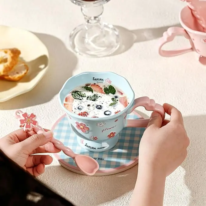 YQ&AMK 12 oz Ceramic Cup, Cute Coffee Mug, Strawberry Mug, Aesthetic Coffee Mug, Retro Floral Mug, Ceramic Mug for Tea, Coffee, Milk and Oatmeal (Blue)